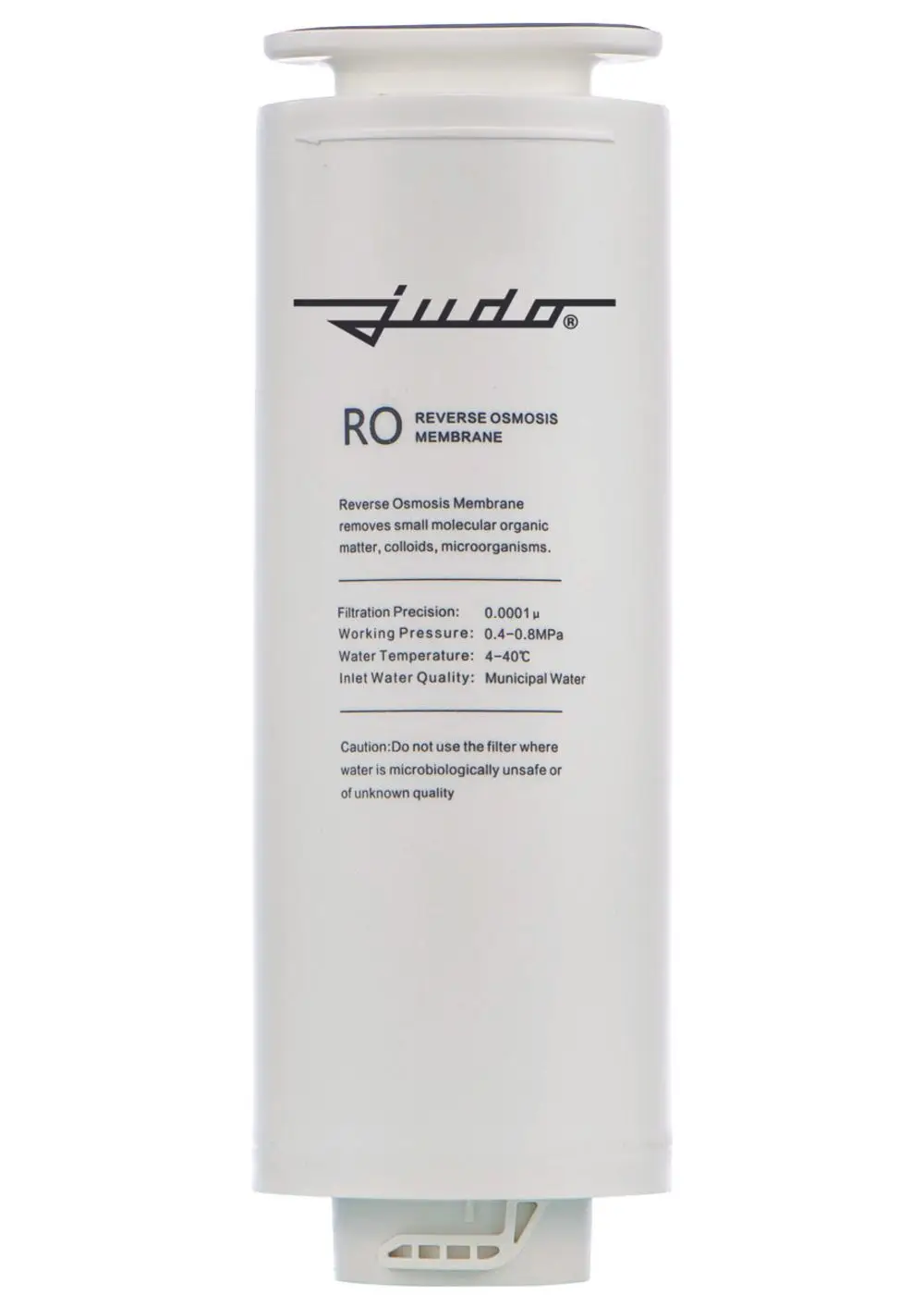 Weißer Zylinderfilter mit Judo-Logo, gekennzeichnet als RO Reverse Osmosis Membrane. Beschriftung enthält technische Details zur Filtration und Wasserqualität.